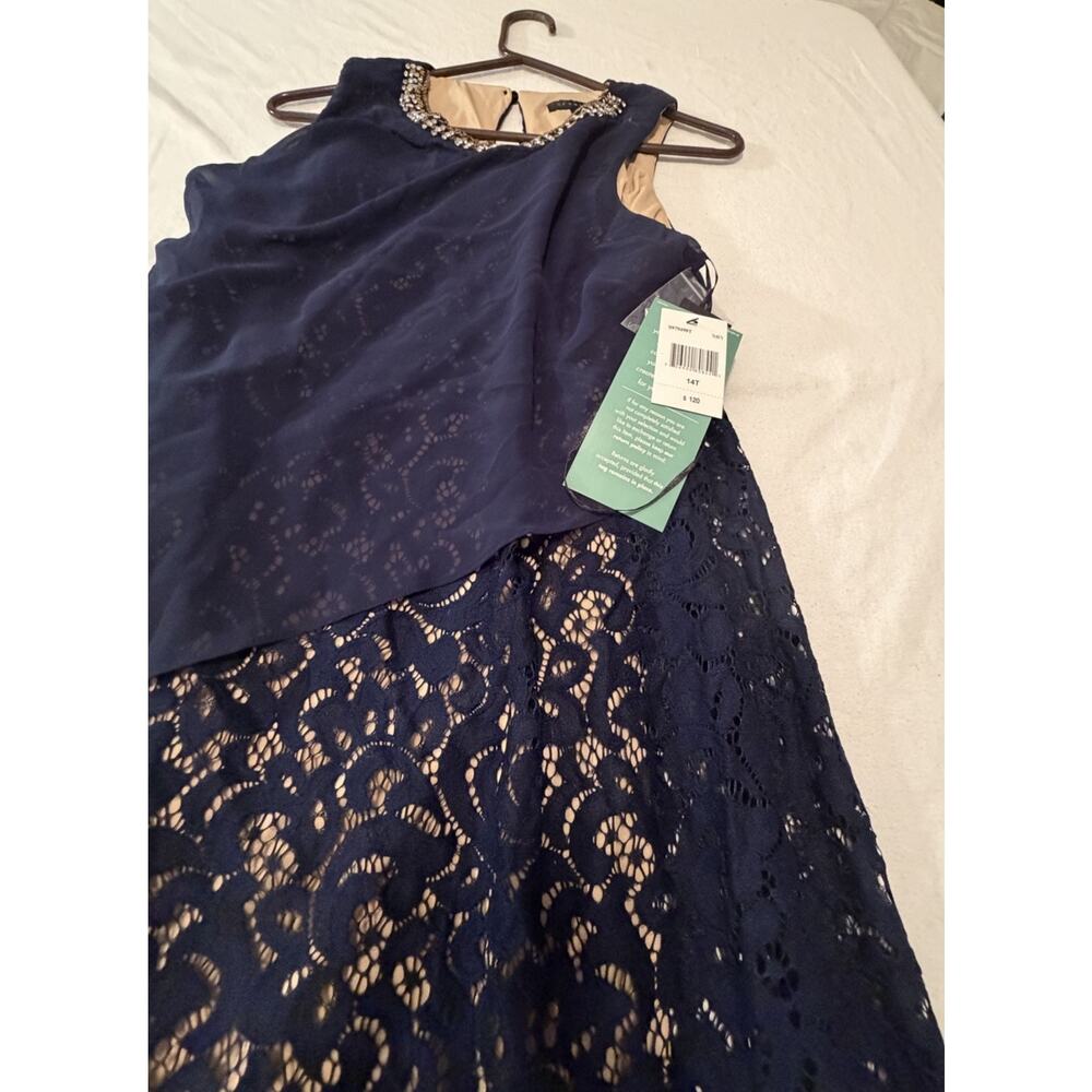 Scarlett Navy Lace Beaded Sheath Dress Sleeveless Knee Length Size 14T NWT - Picture 2 of 11